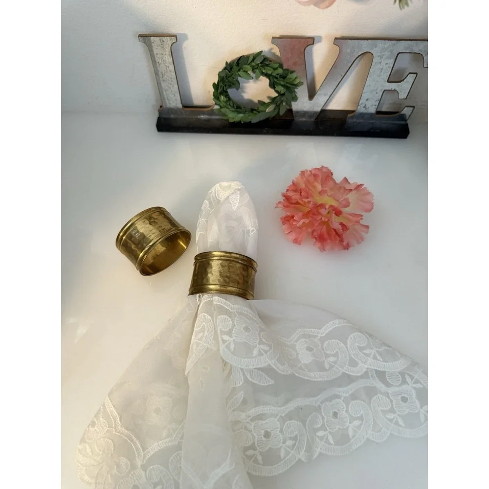 Vintage Set of 2 Solid Hammered Brass Oval Napkin Rings Made in India Sturdy GUC